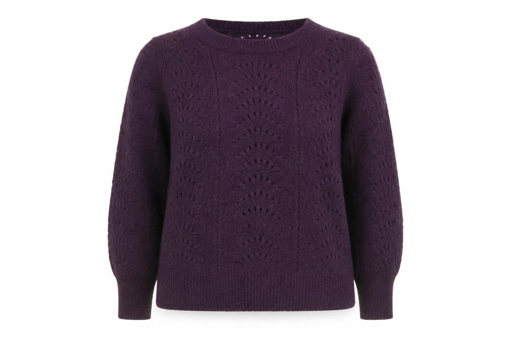 Front view of Gap women’s purple wool blend open knit crew neck jumper xs
