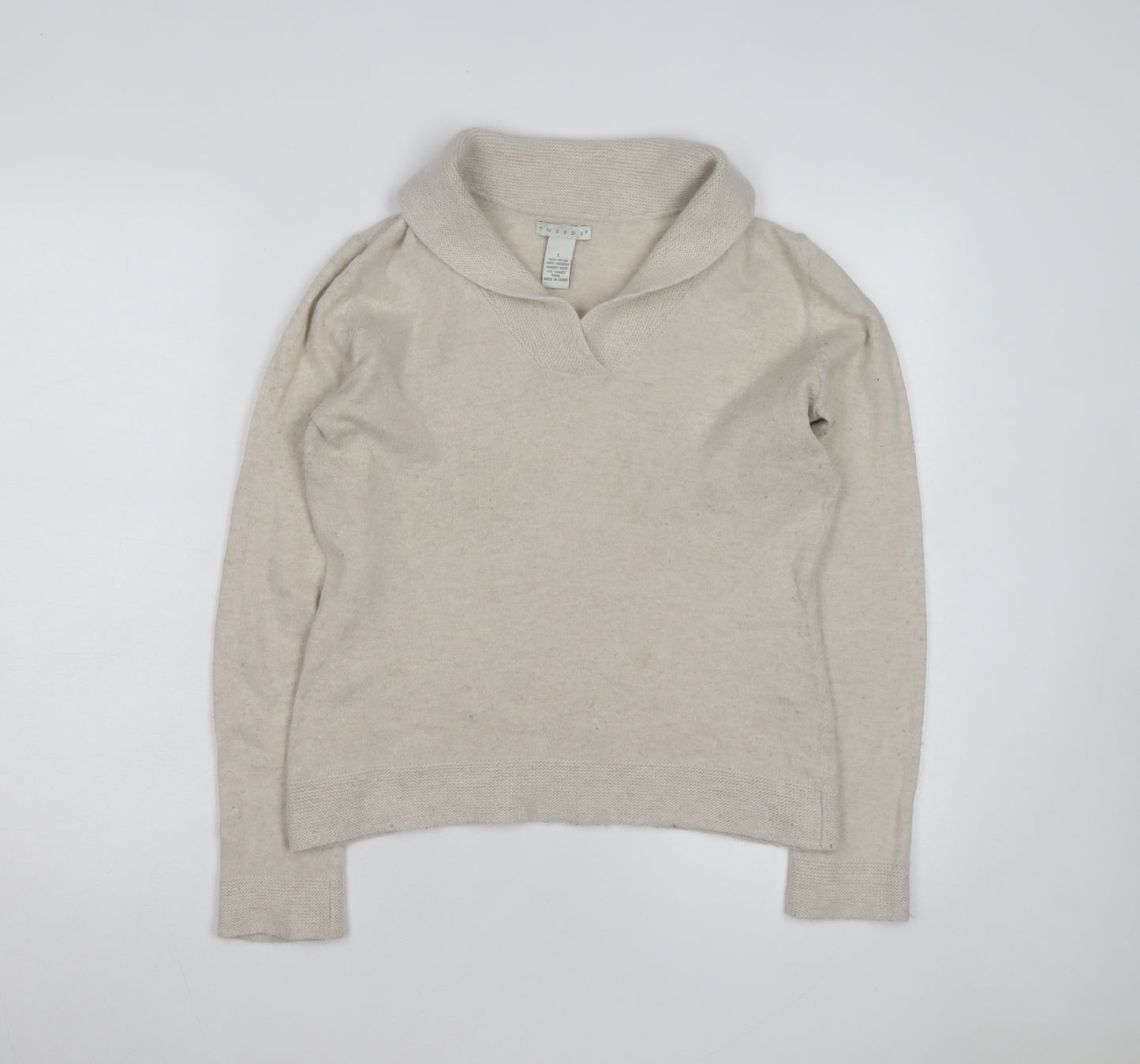 Tweeds Women Beige Shawl Collar Pullover Jumper Size L Wool Blend