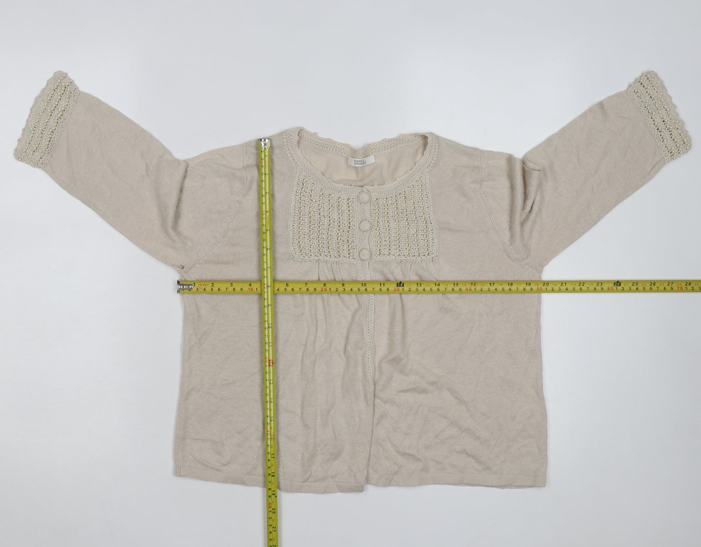 Marks and Spencer Women Beige Knit Cardigan Size 14 Crochet Detail