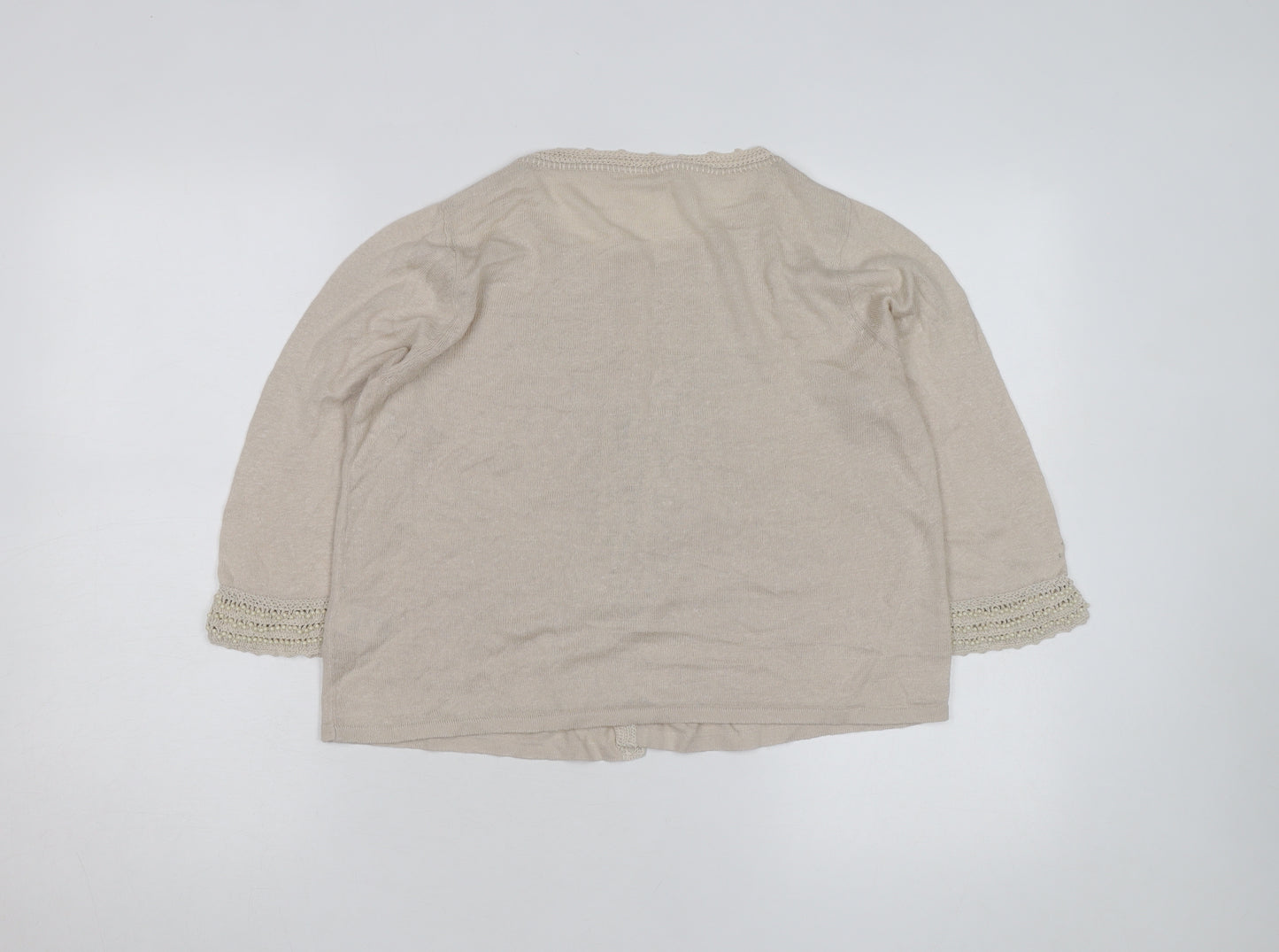 Marks and Spencer Women Beige Knit Cardigan Size 14 Crochet Detail