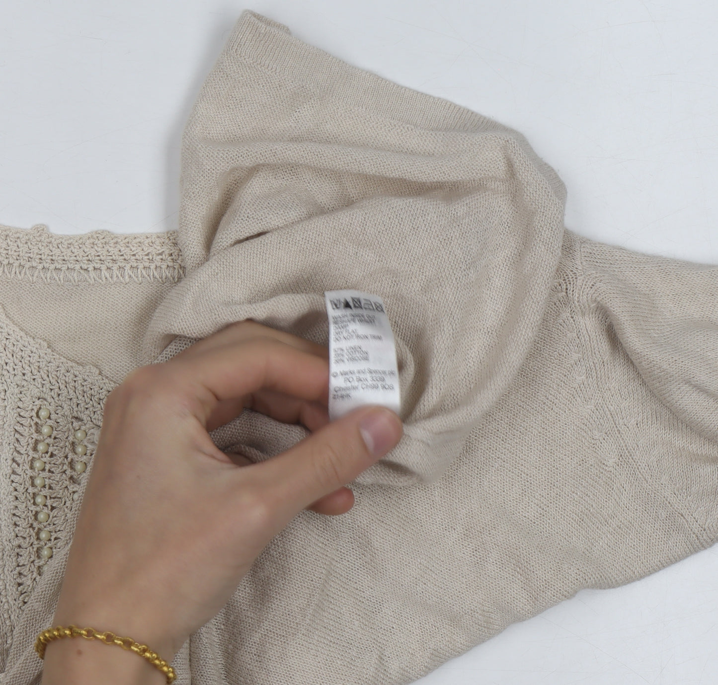 Marks and Spencer Women Beige Knit Cardigan Size 14 Crochet Detail