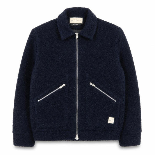 Front view of Prèvu Men’s Blue Wool Bomber Jacket, size S, Zip Up Casual