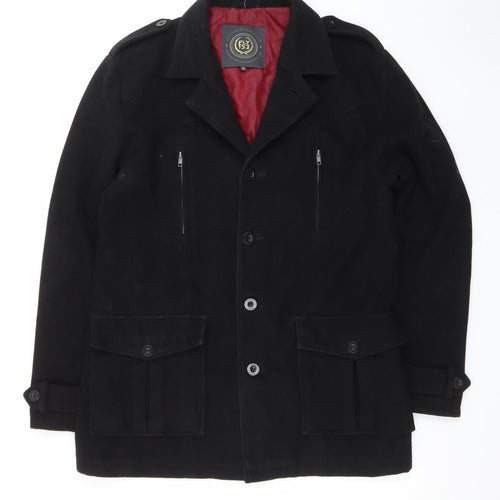 Fly53 Men's Black Wool Blend Military Coat XL Classic Casual