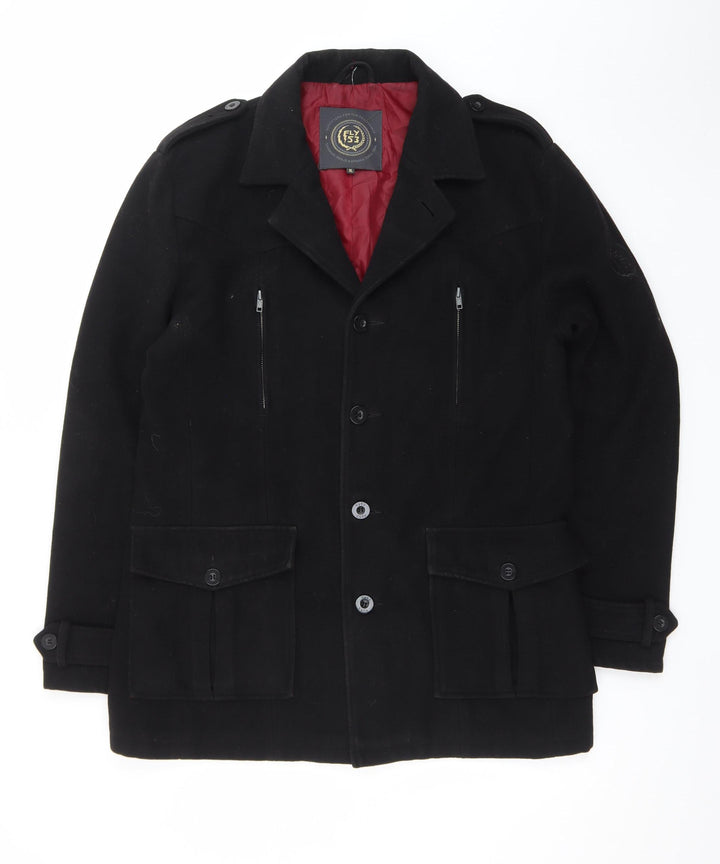 Fly53 Men's Black Wool Blend Military Coat XL Classic Casual