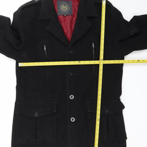 Fly53 Men's Black Wool Blend Military Coat XL Classic Casual
