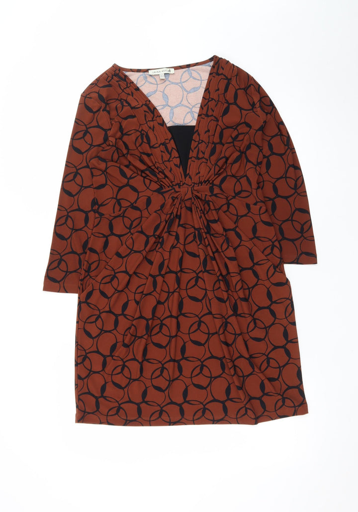 Laura Ashley Women's Brown Geometric V-Neck Ruched Sheath Dress Size 12