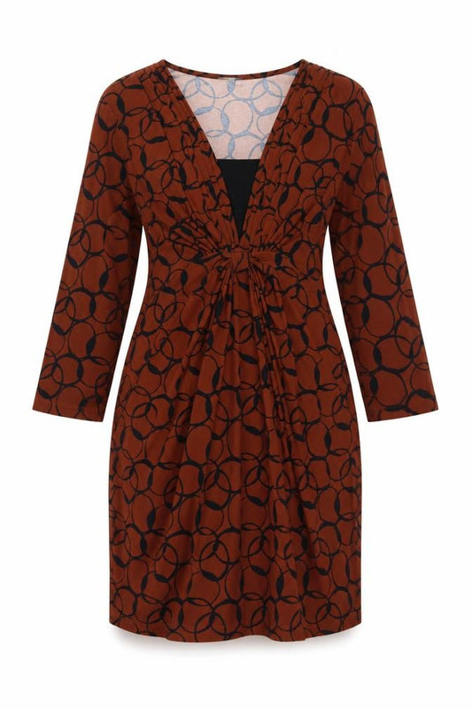 Front view of Laura Ashley Women's Brown Geometric V-Neck Ruched Sheath Dress, size 12