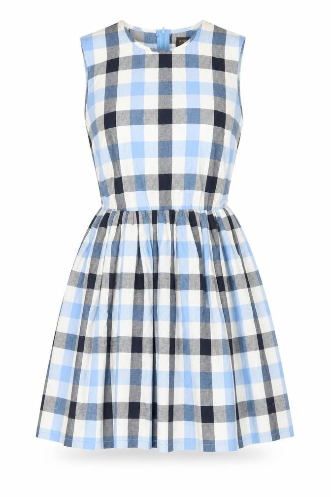 Pop England Women Blue Check Sleeveless Skater Dress Size 4