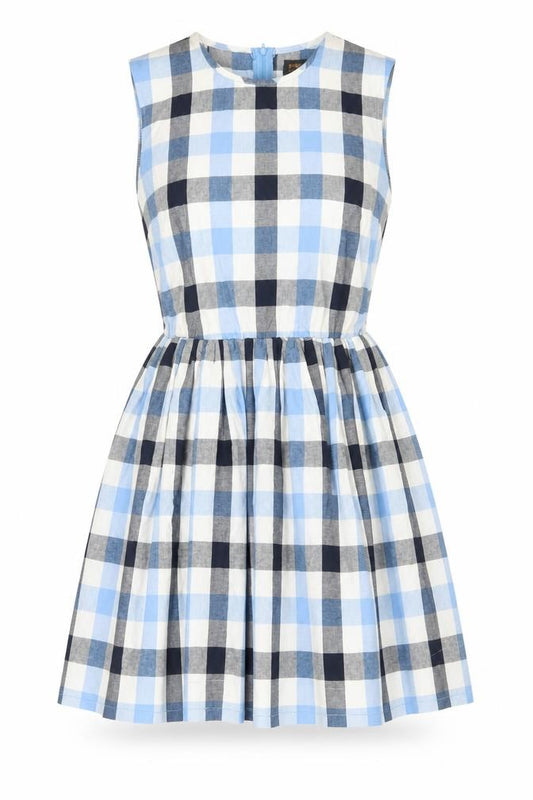 Front view of Pop England Women Blue Check Sleeveless Skater Dress, size 4