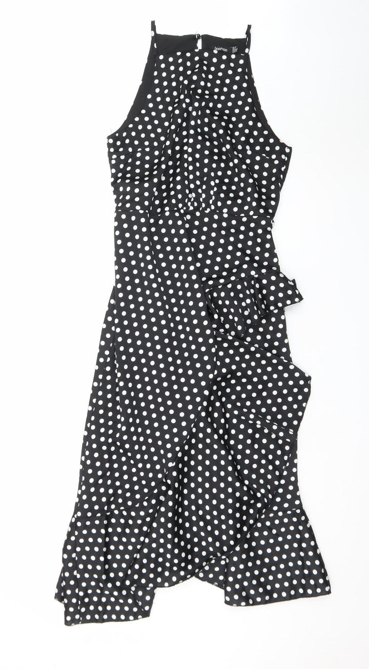 Boohoo Women's Black Polka Dot Halter Midi Wrap Dress Size 12