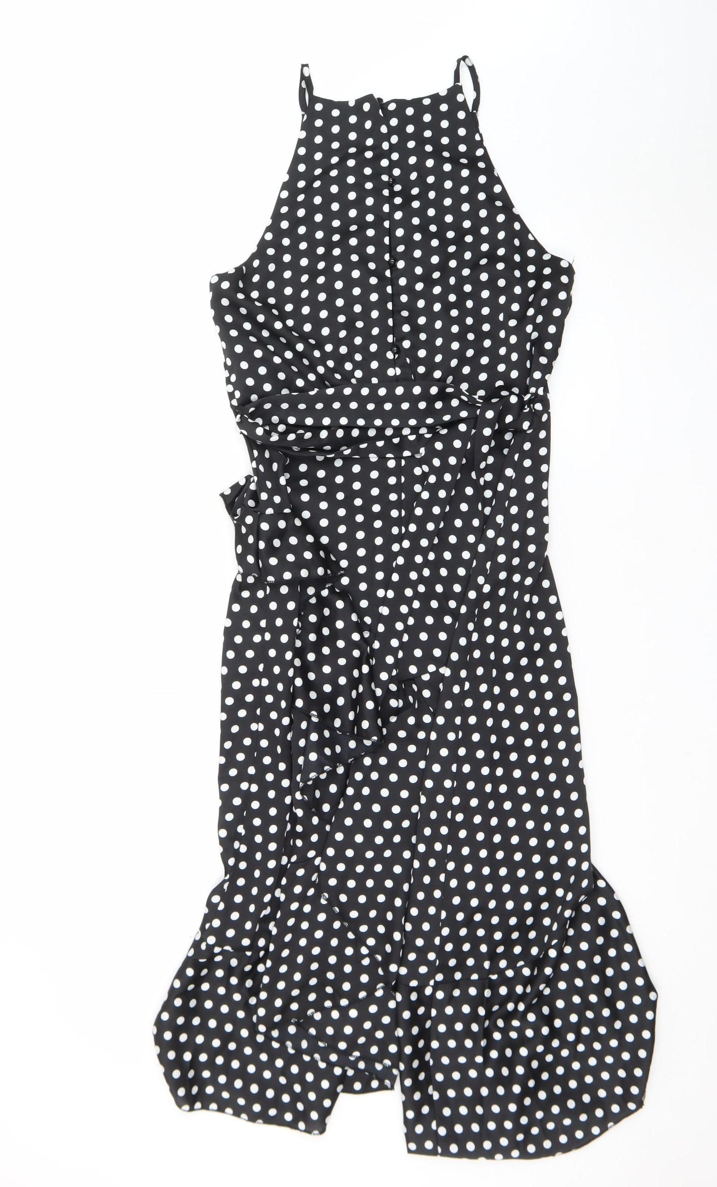 Boohoo Women's Black Polka Dot Halter Midi Wrap Dress Size 12