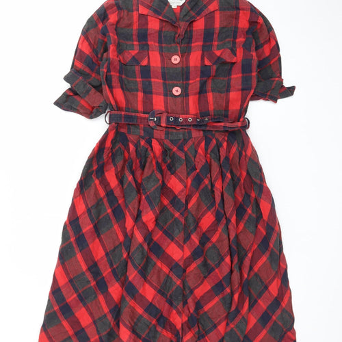 The Seamstress of Bloomsbury Womens Red Check Belted Shirt Dress Size 14
