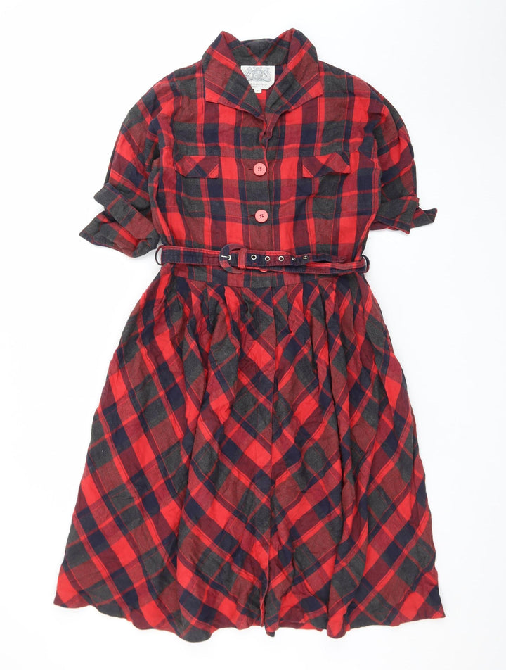 The Seamstress of Bloomsbury Womens Red Check Belted Shirt Dress Size 14