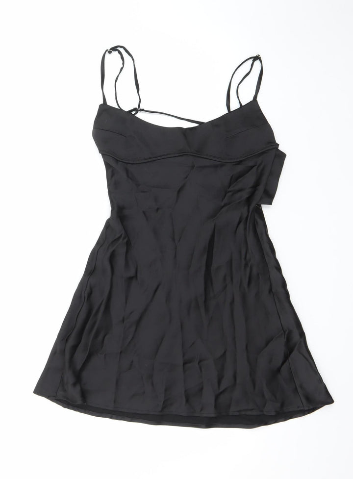 Zara Women Black S Satin Cut Out Slip Dress