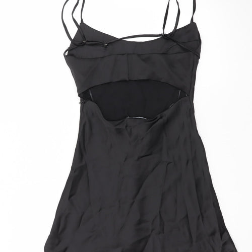 Zara Women Black S Satin Cut Out Slip Dress