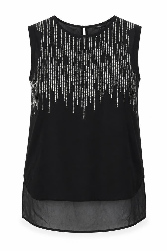 Front view of Next Women Black Beaded Tunic Blouse, size 14, Sleeveless Round Neck
