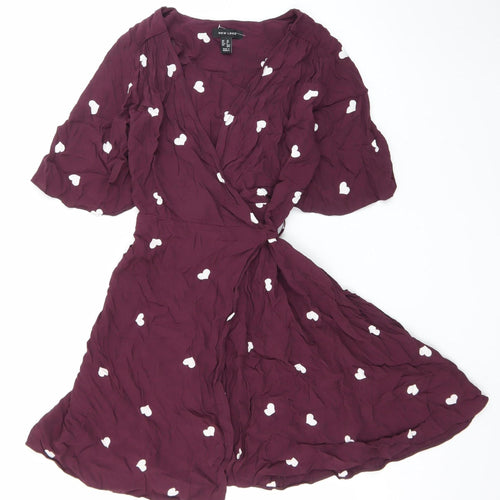 New Look Womens Purple Heart Wrap Dress Size 10 Half Sleeve