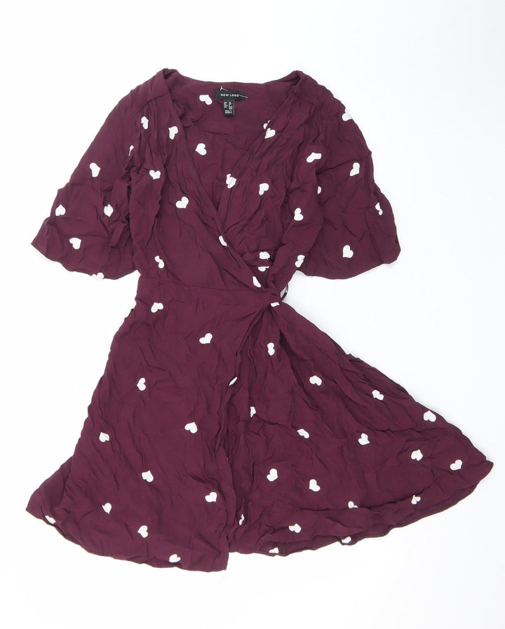 New Look Womens Purple Heart Wrap Dress Size 10 Half Sleeve