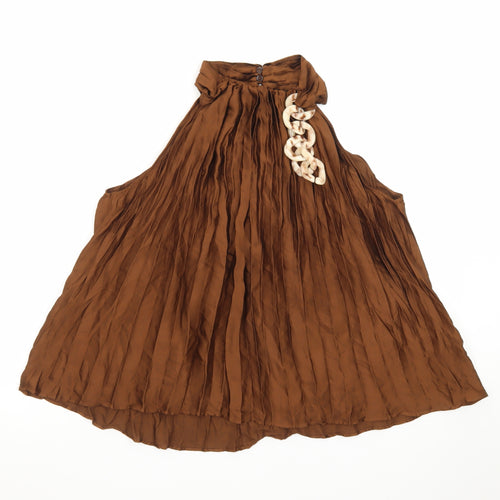Zara Women Brown Pleated A-Line Halter Satin Dress Size S