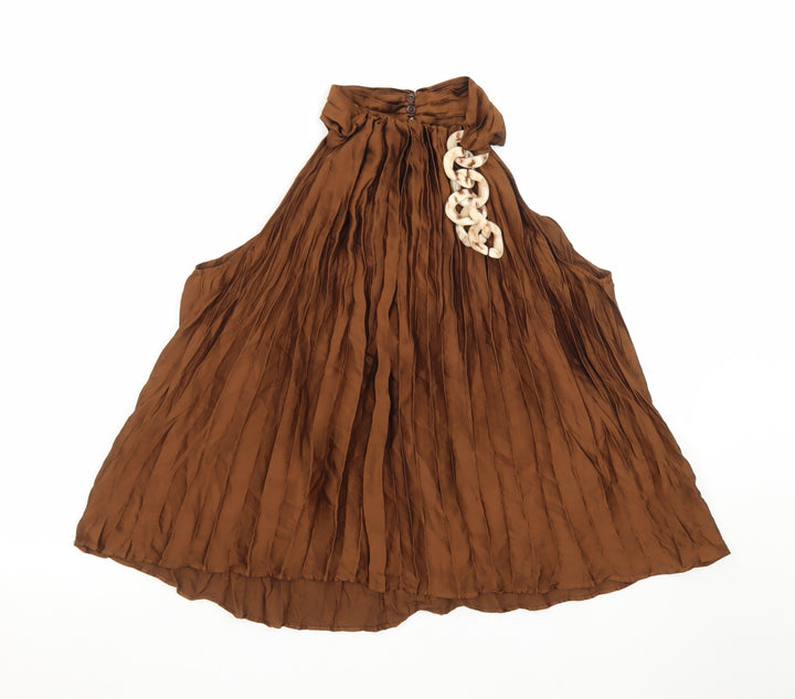 Zara Women Brown Pleated A-Line Halter Satin Dress Size S