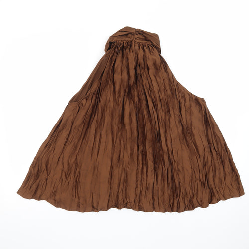 Zara Women Brown Pleated A-Line Halter Satin Dress Size S