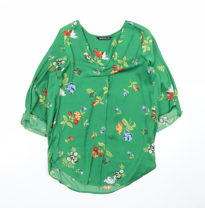 Stradivarius Womens Green Floral V-Neck Tunic Blouse Size 8