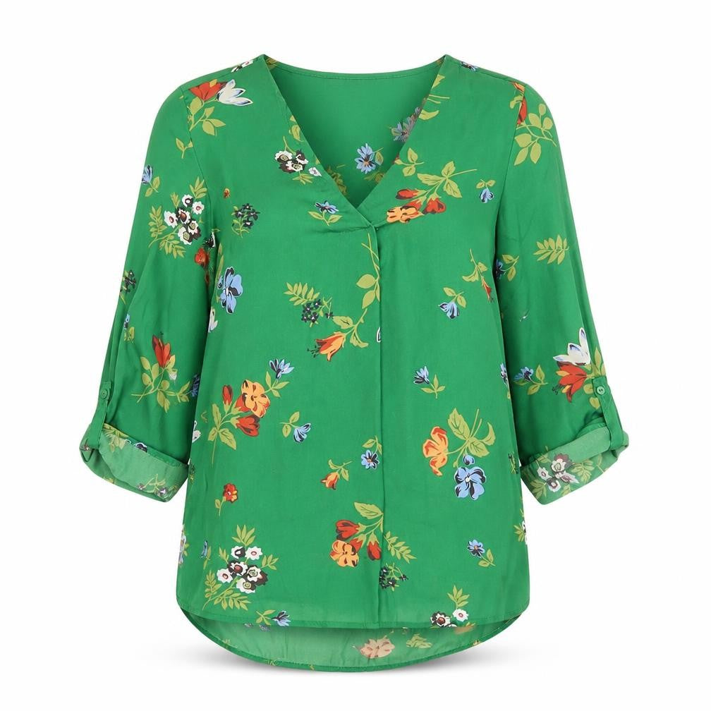 Front view of Stradivarius women’s green floral v-neck tunic blouse, size UK 8