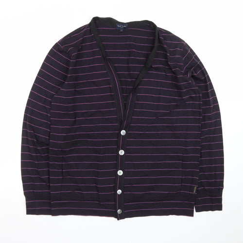 Paul Smith Men Purple Striped Cotton Cardigan L V-Neck Casual