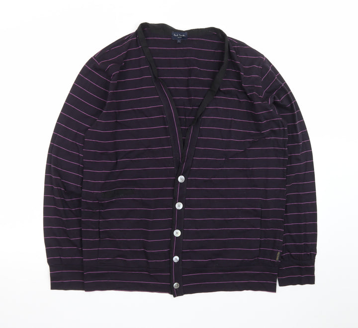 Paul Smith Men Purple Striped Cotton Cardigan L V-Neck Casual