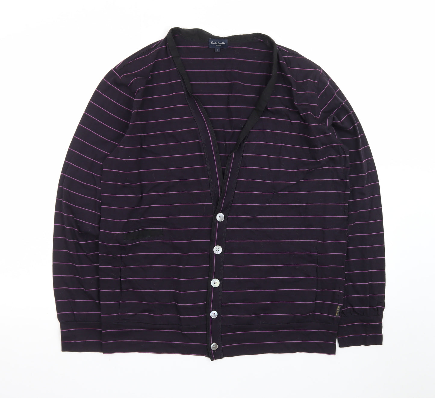 Paul Smith Men Purple Striped Cotton Cardigan L V-Neck Casual