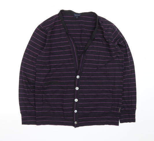 Paul Smith Men Purple Striped Cotton Cardigan L V-Neck Casual