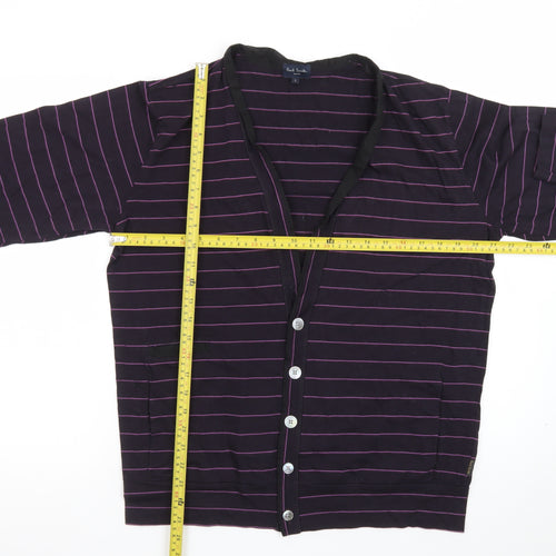Paul Smith Men Purple Striped Cotton Cardigan L V-Neck Casual