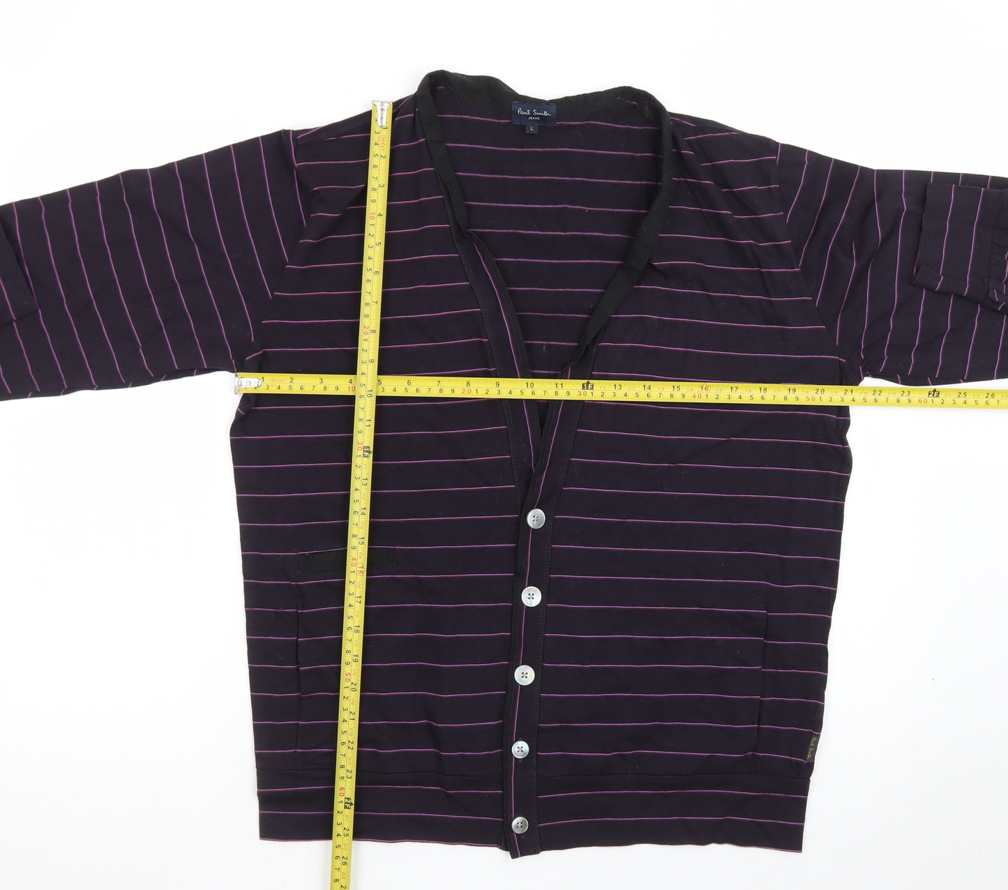 Paul Smith Men Purple Striped Cotton Cardigan L V-Neck Casual