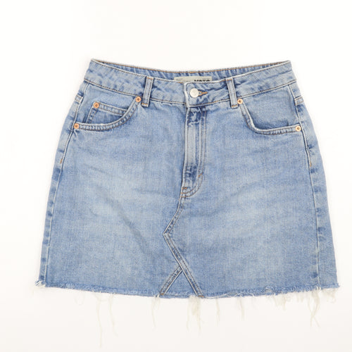 Topshop Women Blue Denim Mini Skirt Size 10 Cotton Frayed Hem