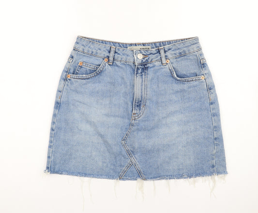 Topshop Women Blue Denim Mini Skirt Size 10 Cotton Frayed Hem