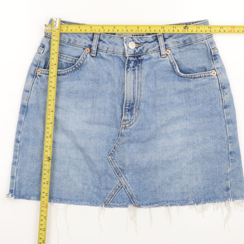Topshop Women Blue Denim Mini Skirt Size 10 Cotton Frayed Hem