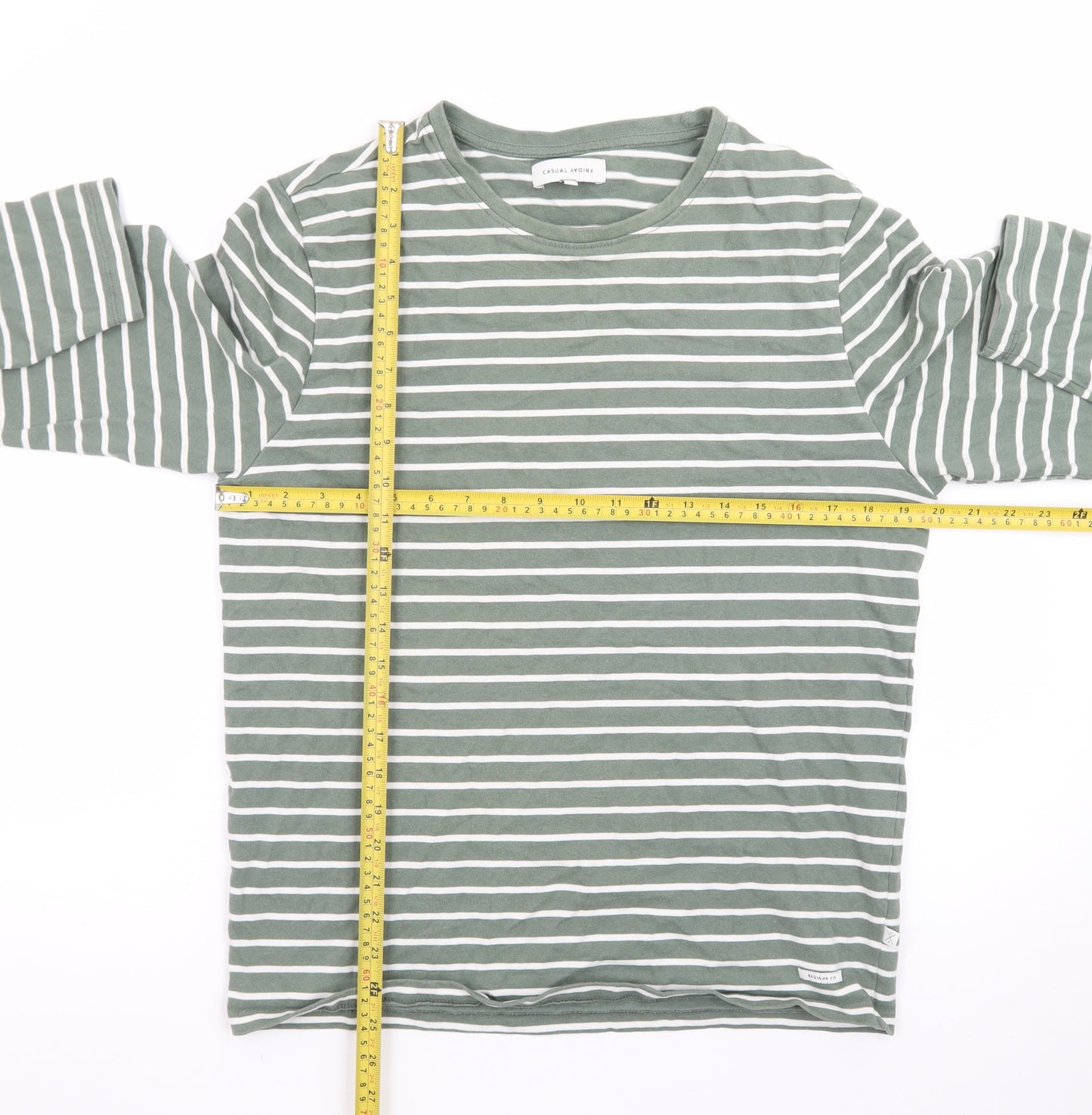 Casual Friday Women's Green Striped Long Sleeve Cotton T-Shirt M