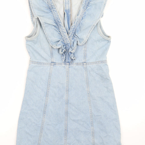 Pieces Womens Blue Denim Sleeveless Ruffle Shift Dress XS