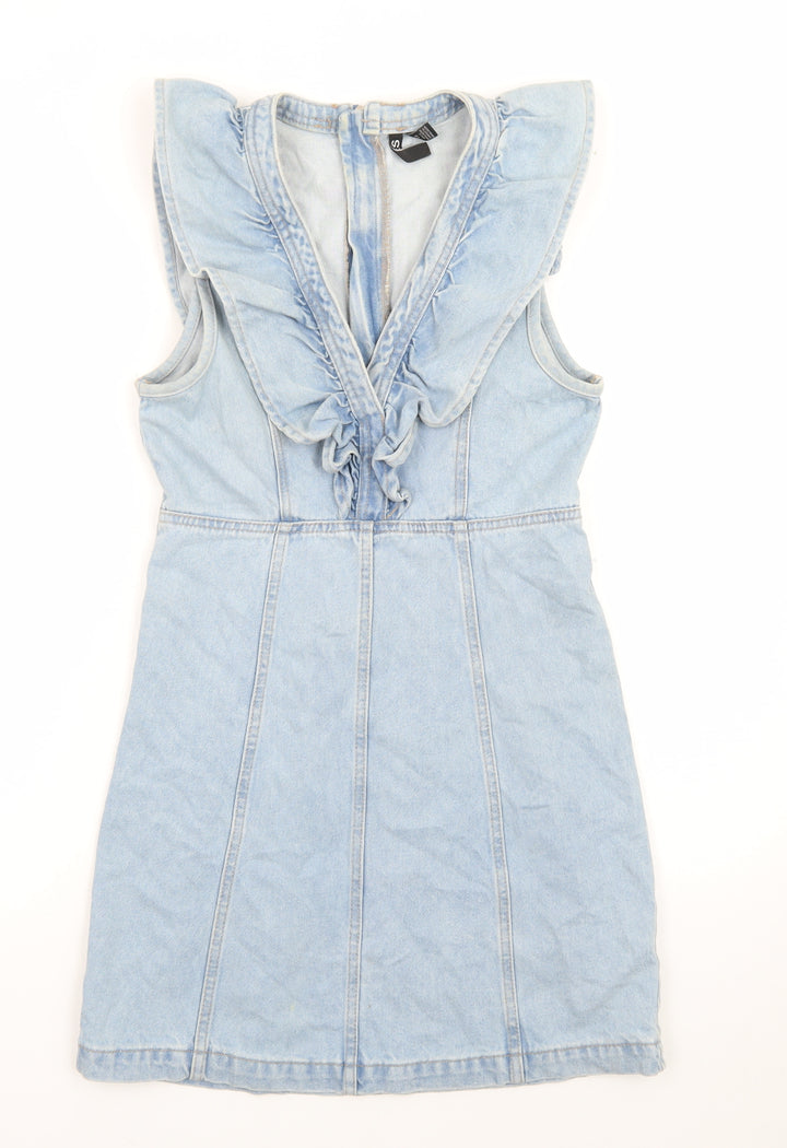 Pieces Womens Blue Denim Sleeveless Ruffle Shift Dress XS