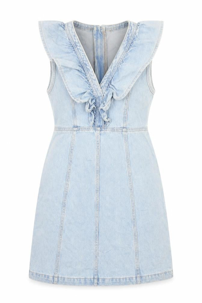 Front view of Pieces women’s blue denim sleeveless ruffle shift dress xs