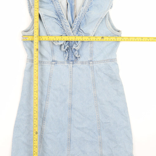 Pieces Womens Blue Denim Sleeveless Ruffle Shift Dress XS