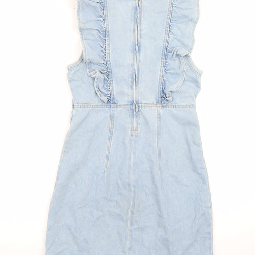 Pieces Womens Blue Denim Sleeveless Ruffle Shift Dress XS