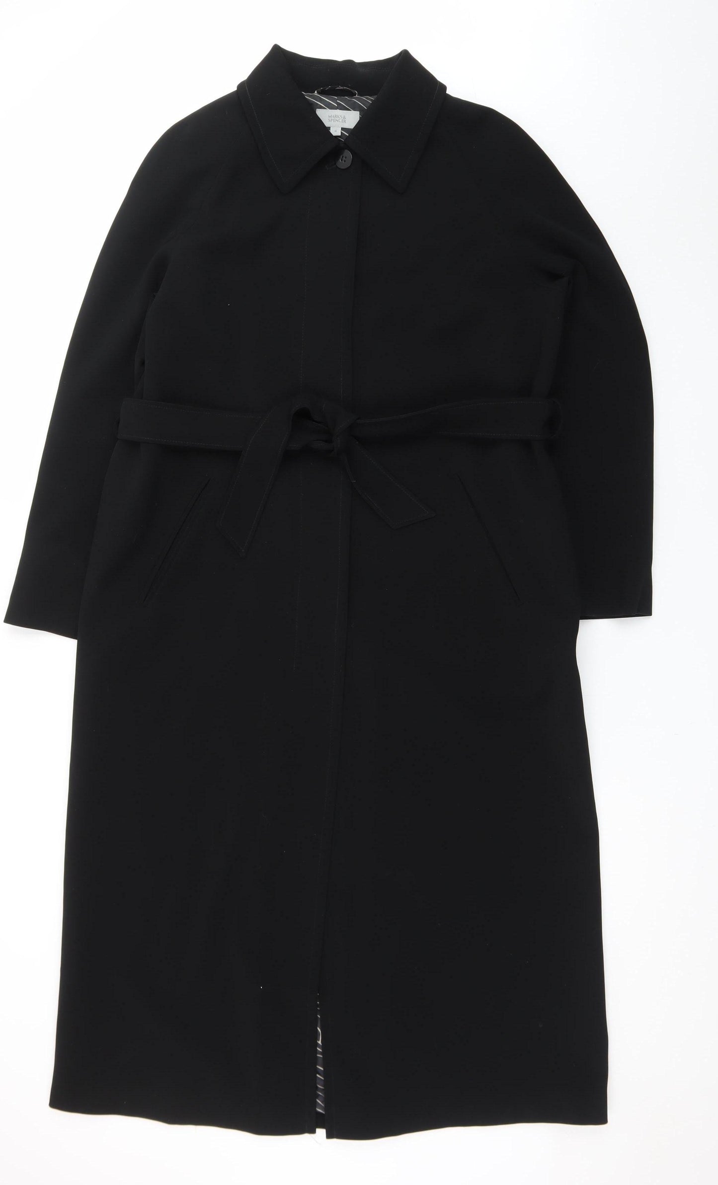 Marks and Spencer Women's Black Long Belted Overcoat Size 16 Tall