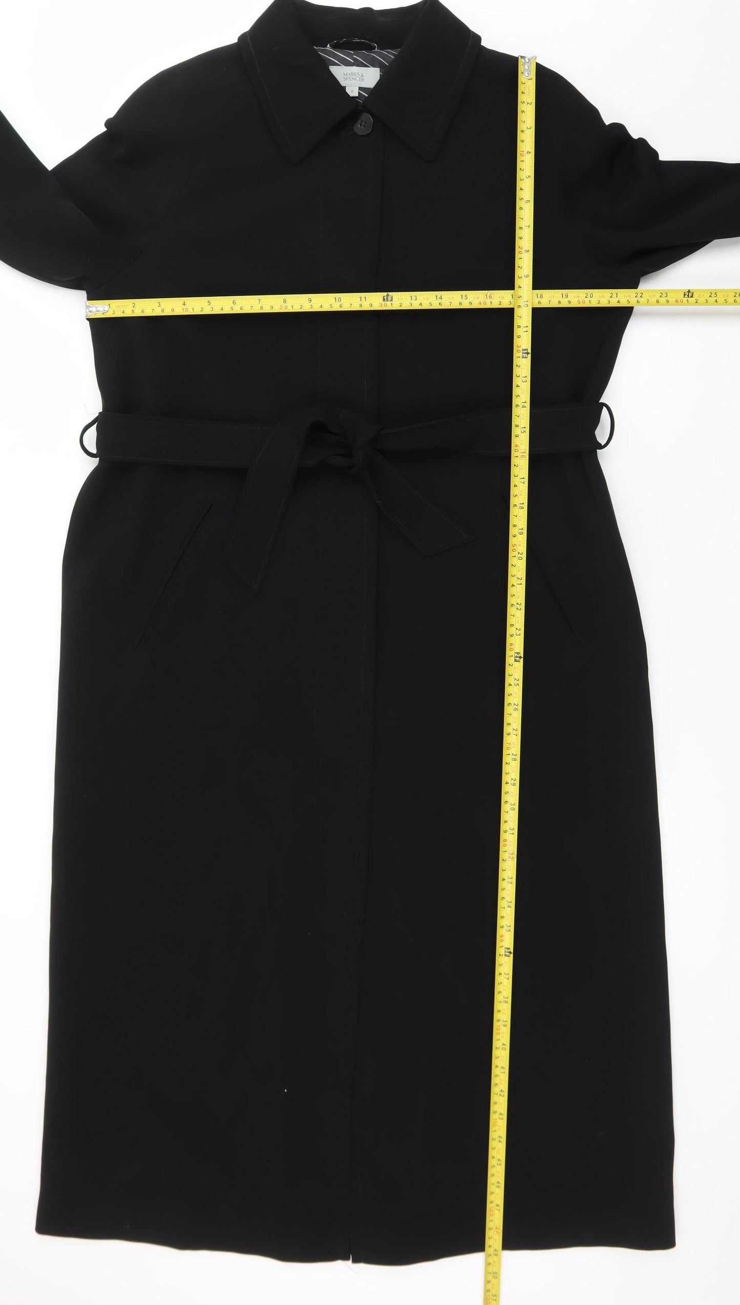 Marks and Spencer Women's Black Long Belted Overcoat Size 16 Tall