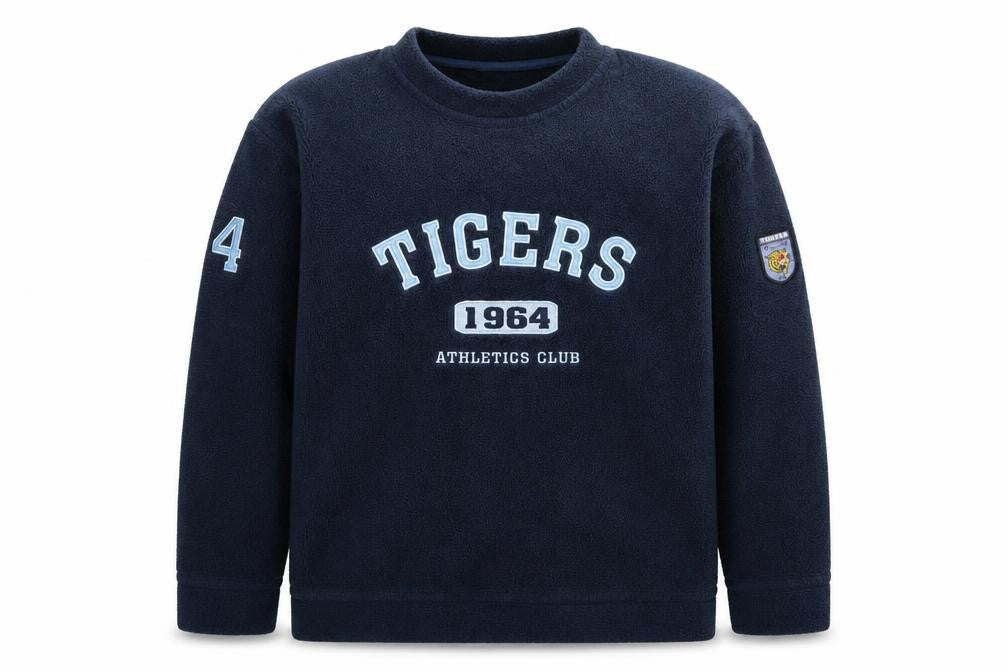 Front view of G:Sixtufour Men's Blue M Fleece Pullover Sweatshirt 1964 Athletics Logo