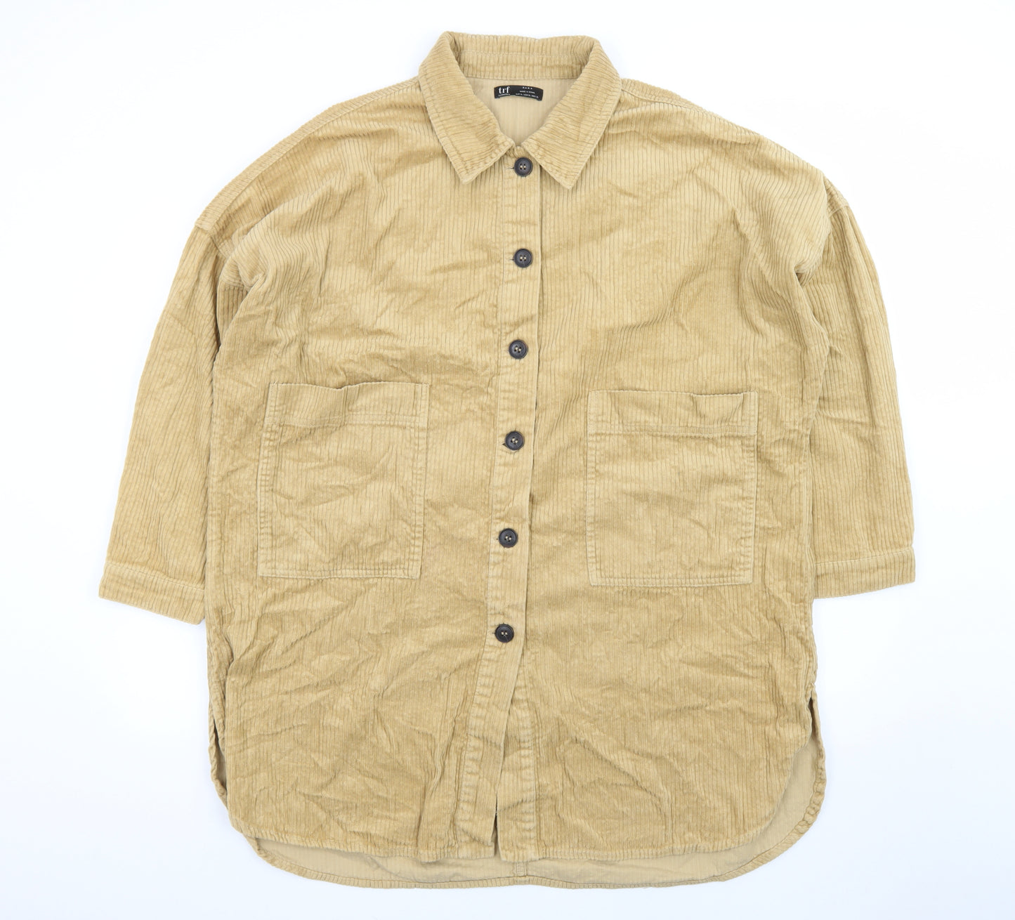 Zara Women Beige Corduroy Shirt Dress Size 16 Collared 3/4 Sleeve