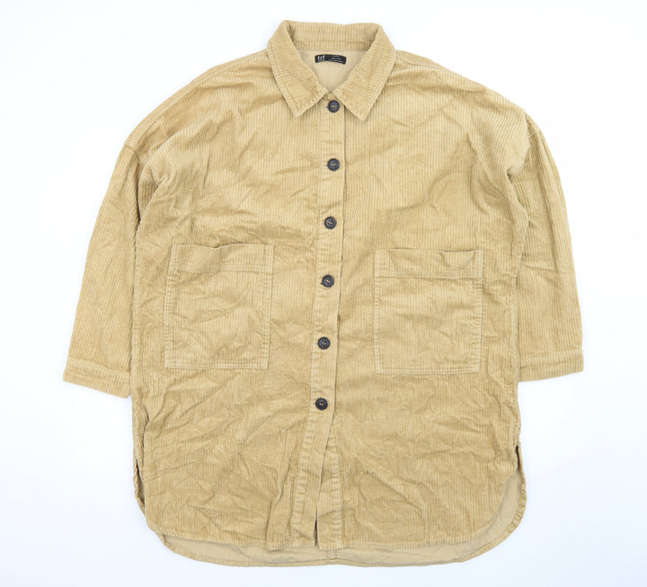 Zara Women Beige Corduroy Shirt Dress Size 16 Collared 3/4 Sleeve