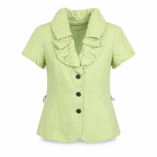 Front view of Adrianna Papell Women Green Ruffle Collared Blouse, size 12