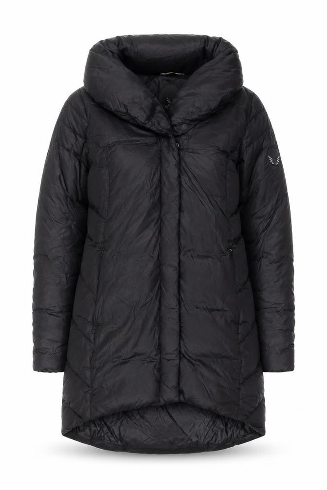 Front view of Bosideng Women's Black Long Puffer Coat, size M, Winter Down Jacket