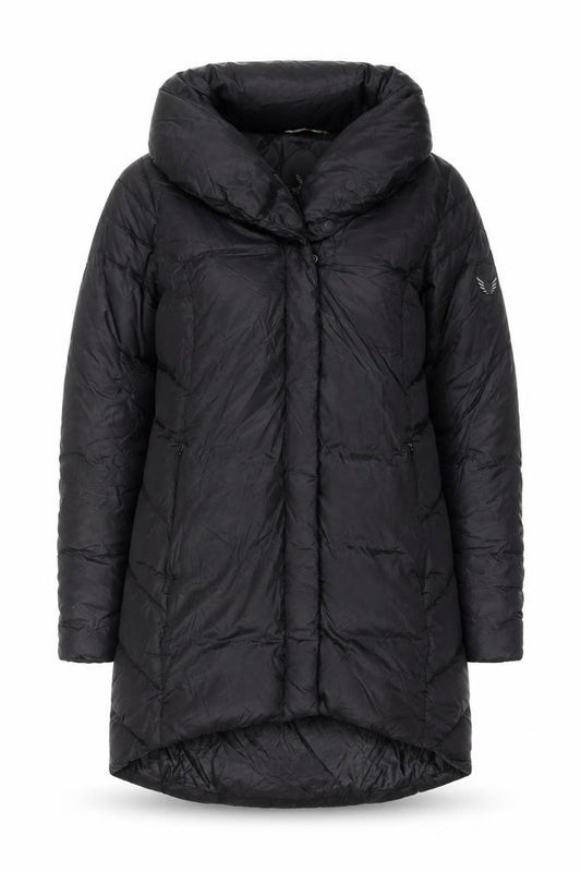 Front view of Bosideng Women's Black Long Puffer Coat, size M, Winter Down Jacket